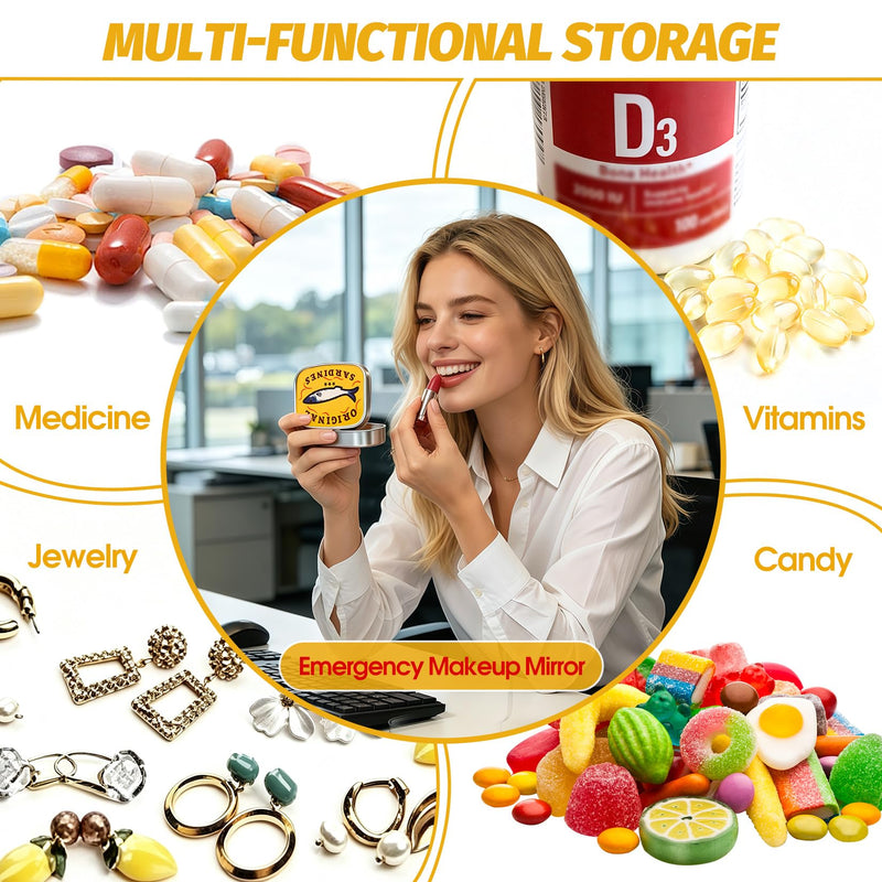 Retro Sardines Small Pill Organizer 2 Times a Day for Women Men - Yellow | Metal AM PM Daily Pill Box with Mirror for Medicine Vitamin Supplement, Privacy Protection Office Travel Pill Case for Purse