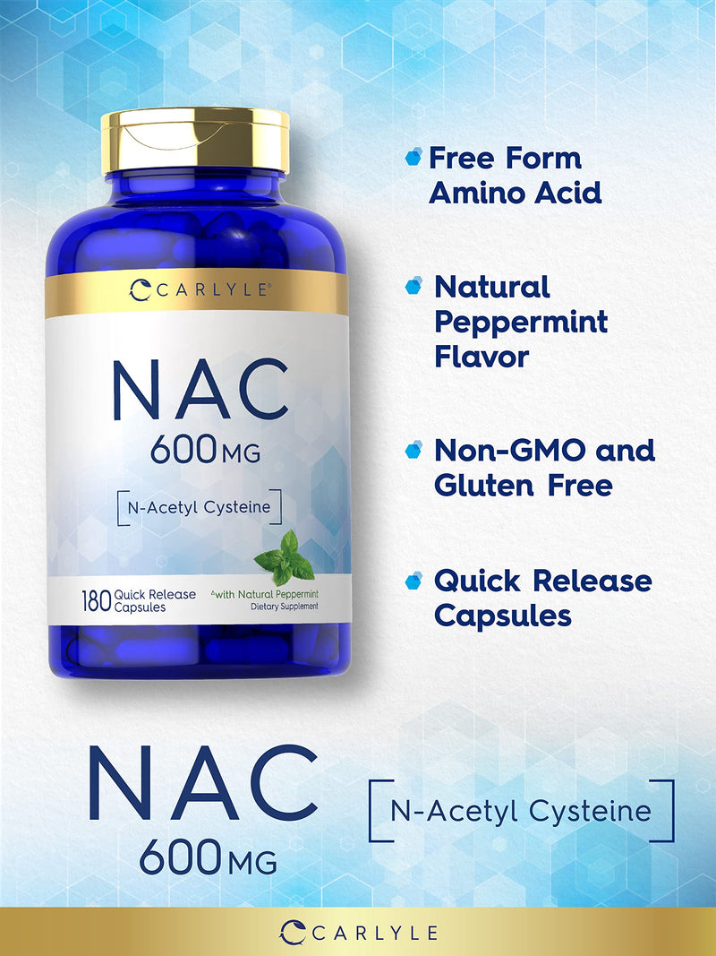 Carlyle NAC N-Acetyl Cysteine 600mg | 180 Capsules | with Peppermint | Free Form Supplement | Non-GMO, Gluten Free