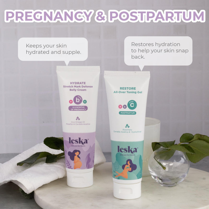 [Australia] - Leska Maternity Stages B & C Set | HYDRATE Belly Cream & RESTORE All-Over Toning Gel | Pregnant Moms Months 6-9 and Postpartum | Part of Complete 3-Part Maternity Skincare System (Set of 2, 4oz each) 4-9+ Months, Cream & Gel (2-Pack) 