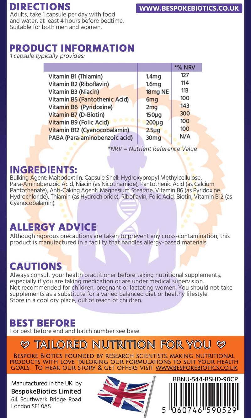 Vitamin B Complex 100% |120 Caps | Energy| Mood| Nerves| Digestion |Added PABA Includes Essential Multi B-Vitamins B1, B2, B3, B5, B6, B12, Biotin & Folate100 NRV Daily Supplement | UK Made|