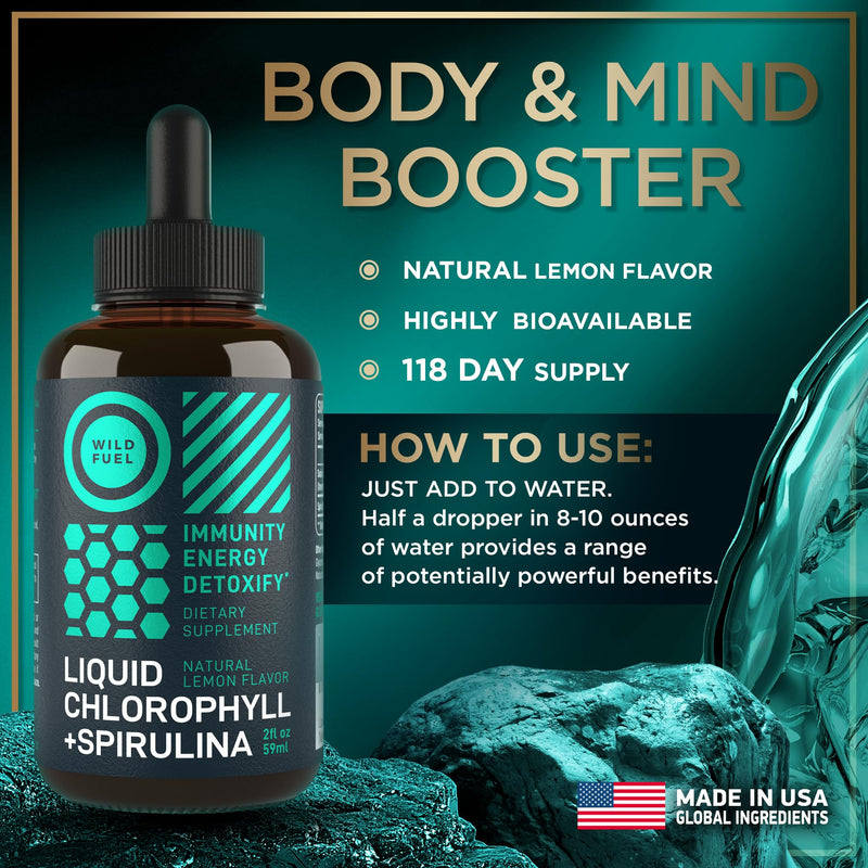 [Australia] - Liquid Chlorophyll Drops with Spirulina for Water - Full Strength Energy, Wellness, Immune Support Supplement - 50mg Chlorophyll Liquid, 12.5mg Spirulina - Lemon Flavor Detox Drink - 2oz, 118 Servings 