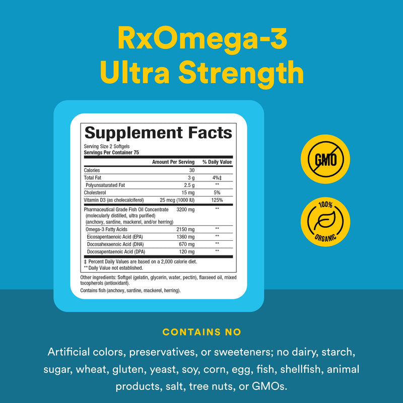 Natural Factors RxOmega-3 Ultra Strength - Dietary Supplement for Brain & Heart Health Support - Eye Health Supplement with EPA & DHA - Supplement with Omega-3 Fatty Acids - 150 Softgels (75 Servings)
