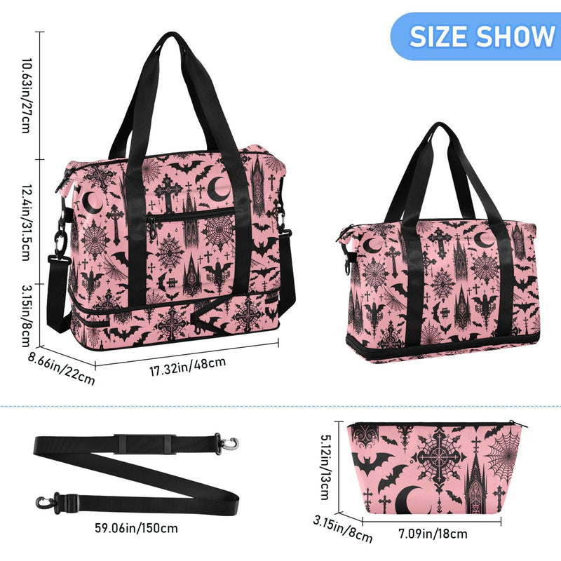 Travel Duffel Tote Bag Black Gothic Moon Spider Webs and Bats Sports Duffel Bag with Wet Pocket Weekender Overnight Bag for Women Men Gym Bag, Carry On Bag Hospital Bag for Labor and Delivery Bats I8897