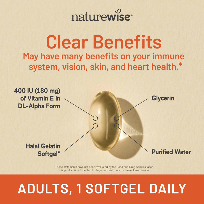 NatureWise Vitamin E 400 IU Softgels (180mg DL-Alpha) - Dairy, Gluten & Soy Free - Non-GMO Antioxidant-Rich Dietary Supplement for Skin, Heart, and Immune Health Support - 4-Month Supply, 120 Count 120 Count (Pack of 1)