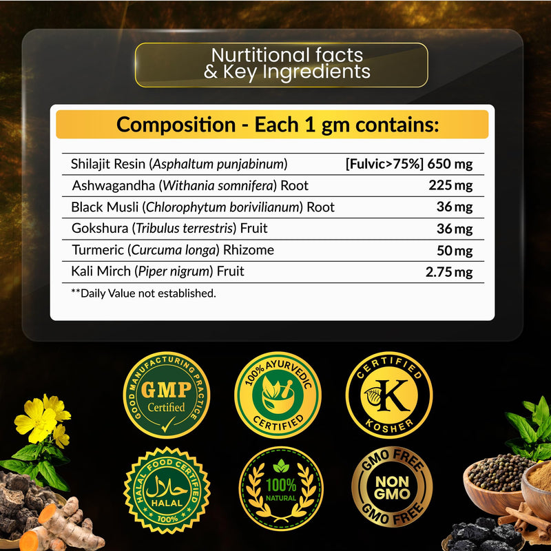 Pure Shilajit Resin 30g – Pure Himalayan Shilajit Resin with 75% Fulvic Acid, Ashwagandha & Herbal Blend (Black Musli, Gokshura, Turmeric) – Supports Energy & Vitality – (60-Day Supply)