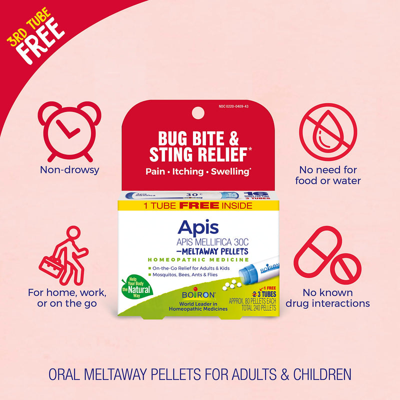 Boiron Apis Mellifica 30C Homeopathic Medince for Relief from Pain, Itching, and Swelling of Bug Bites or Stings - 3 Count (240 Pellets) Otc Medication