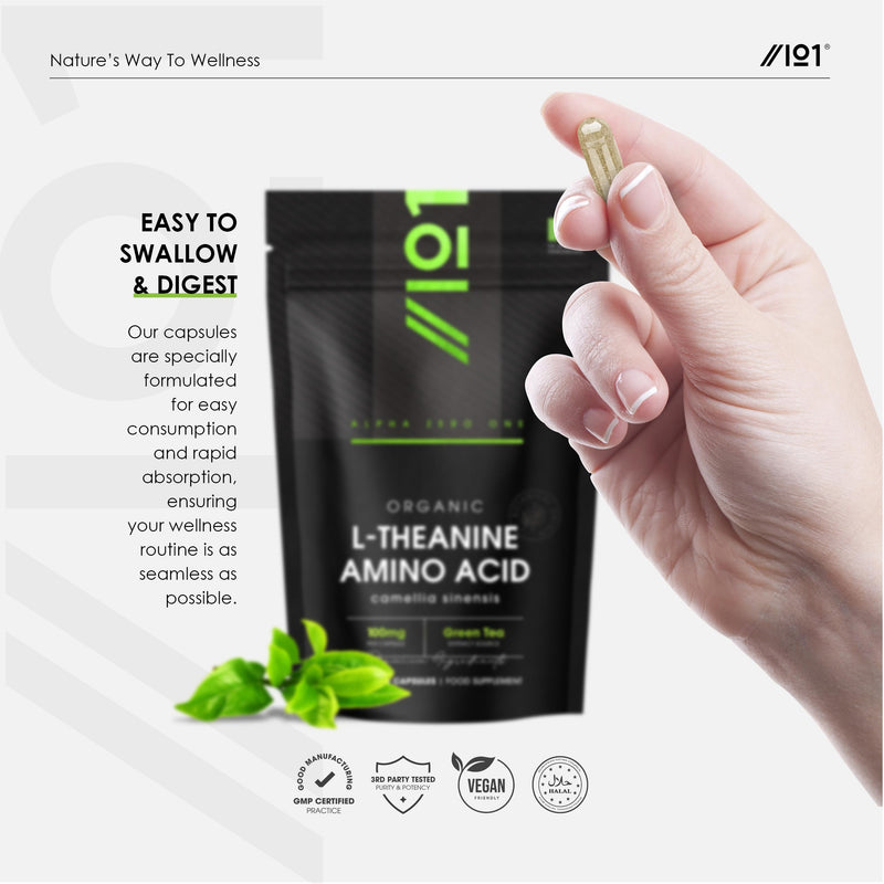 Organic L-Theanine 100mg from Green Tea Extract - 60 Vegan Capsules (2 Months Supply) - High Strength Theanine Amino Acid Supplement - By Alpha01