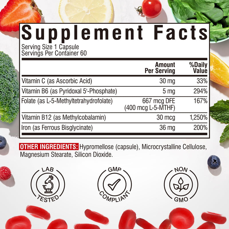 Iron Supplement for Women & Men, with Vitamins C, B6, B12 & Folate + Iron Supplement, 65mg Carbonyl Iron with 250mg Vitamin C