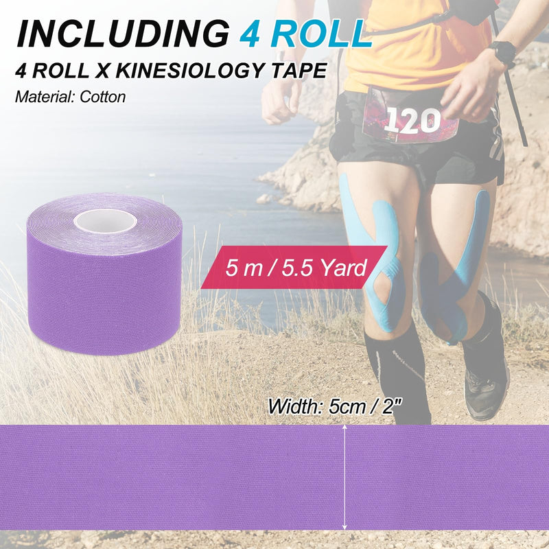 PATIKIL 5.5 Yard x 2 Inch Kinesiology Tape, 4 Roll Adhesive Cotton Sports Muscle Support Tapes Waterproof Elastic Tape for Knee Ankle Wrist Shoulder, Purple