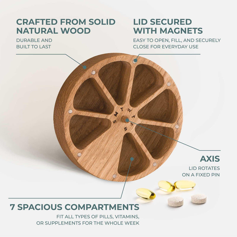 Makety Wooden Weekly Pill Organizer - 7 Day Round Pill Box with Magnetic Lid, Compact Travel Medicine Holder - Natural Oak Wood M