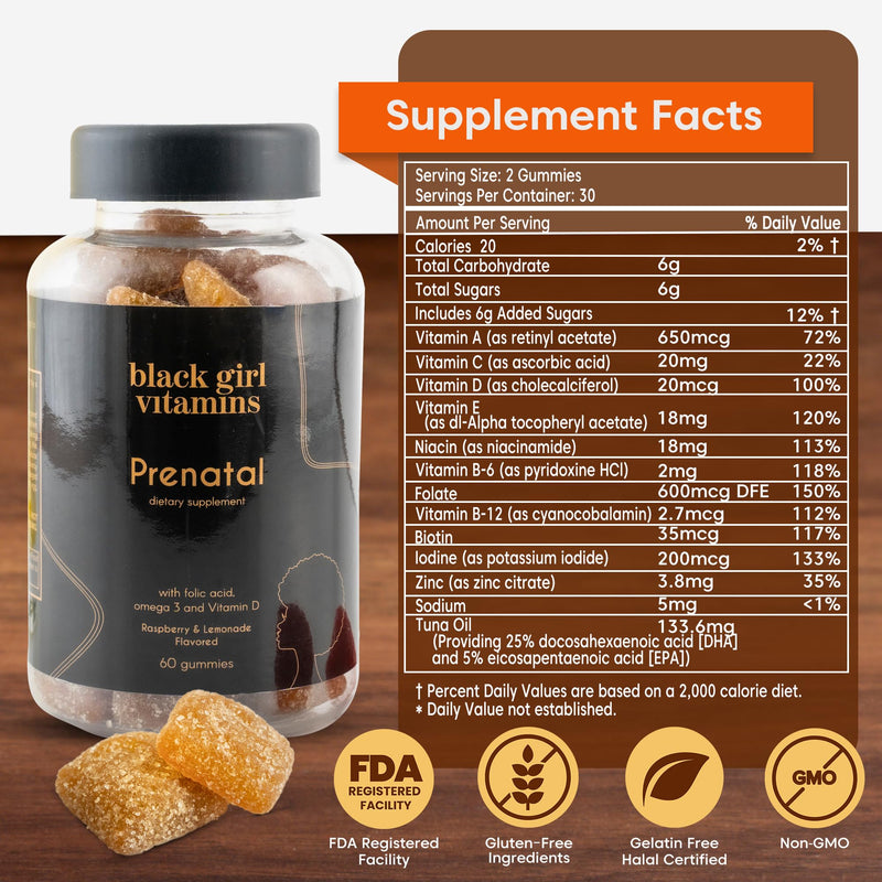 [Australia] - Black Girl Vitamins - Prenatal Gummies for Women Vitamin with Folate for Bone Health Support, Gluten-Free, (Raspberry-Lemonade), 60ct 