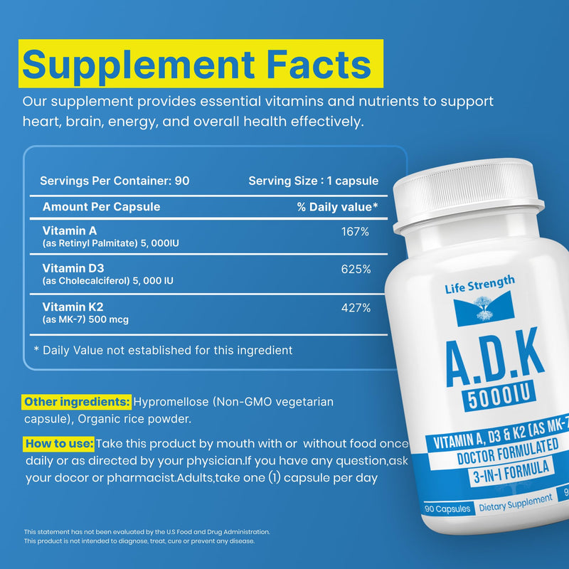 ADK Supplement (90 CT) - Physician Formulated Vitamins A1, D3 & K2 (as MK7) for Bone Health - Immune System Support - Gluten Free, Soy Free, Non-GMO - Pack of 2