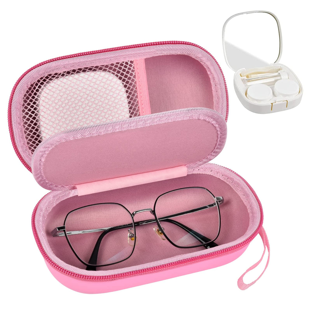 Portable 2 in 1 Contact Lens Case and Glasses Case, Traveling Contact Cases Bag Box Holder with Soak Storage Kit Included Built-in Mirror, Tweezer, Contact Lens Solution Bottle and Hand Strap-Pink Pink