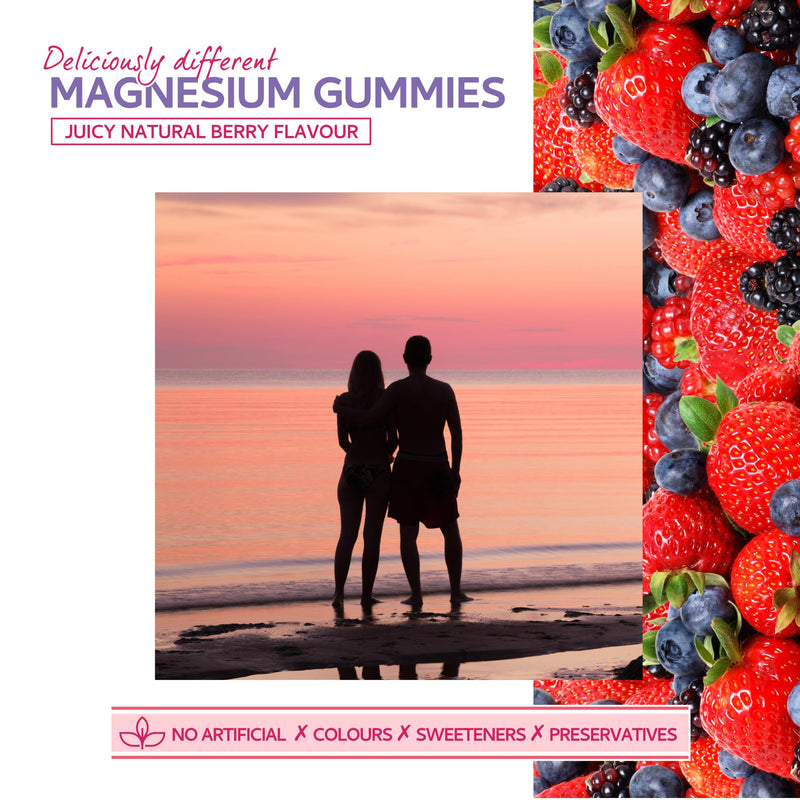 Magnesium Gummies, Providing 180mg Daily dose of Elemental Magnesium from Citrate - 60 Natural Berry Flavour Chewable Yummy Gummies for Better Sleep, Muscle and Nerve Support - UK Made