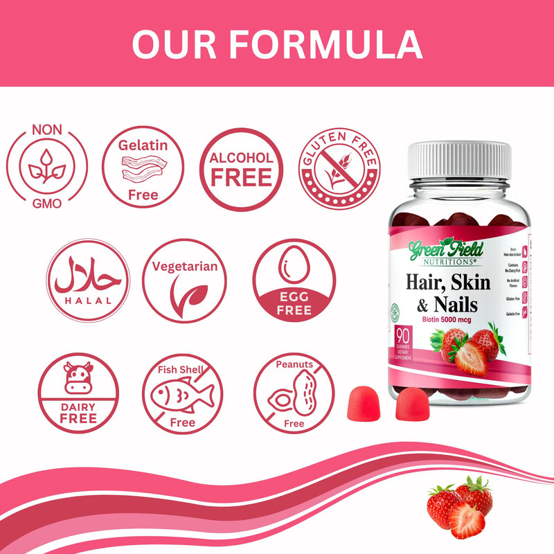 Greenfield Nutritions - Halal Biotin Gummies Vitamin for Hair, Skin and Nails, Supports Fat Metabolism, Hair Growth, Strong Nails & Clear Skin, Gelatin Free, Non-GMO, and Gluten Free - 90 Gummies