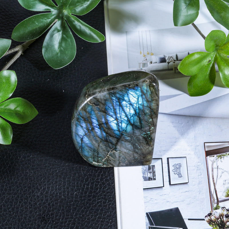 moonsix Natural Labradorite Upright Crystal Rock Slab, 1.18-3.74 inch | Irregular Polished Palm Stone for Home Office Table Decor for Reiki Healing 201-300 Gram