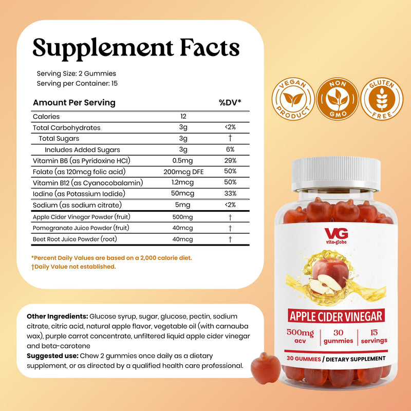 VITA GLOBE Apple Cider Vinegar Gummies 500mg with Mother, B6, B12 & Folate | Non-GMO, Vegan Daily Wellness Chewables, Digestive & Immune Support, 60 Gummies