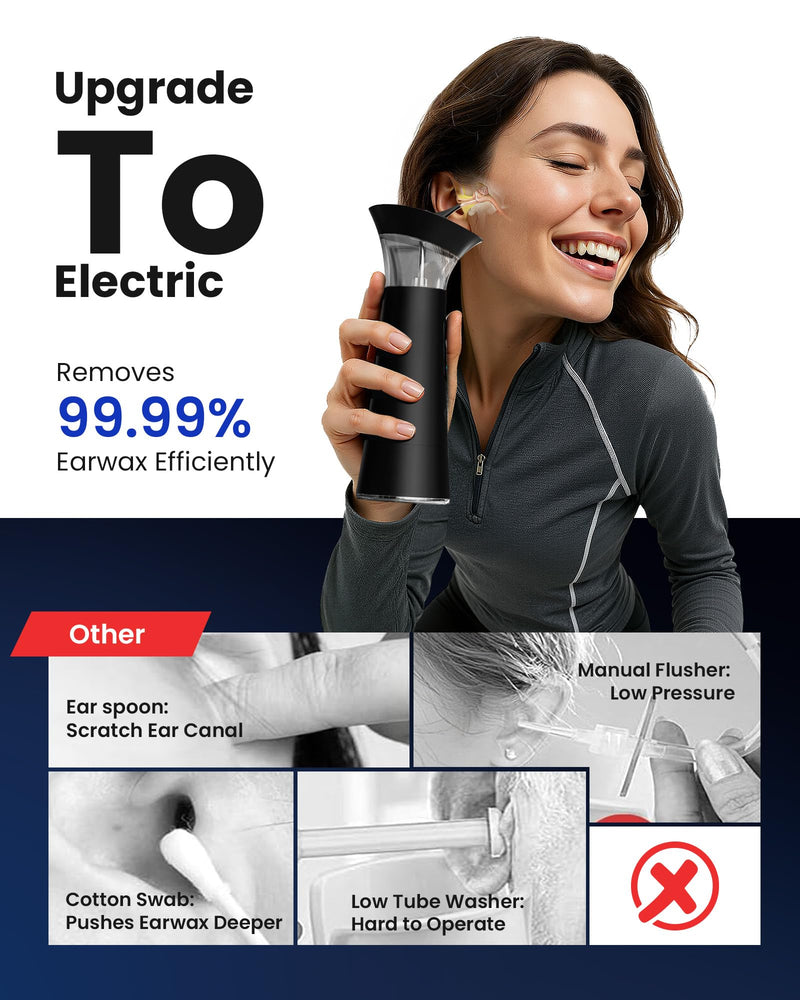 [Australia] - Electric Ear Wax Removal with Separated Dual Tank, IPX6 Waterproof Ear Cleaner Kit, Water Temperature Detection, FSA/HSA Eligible & Ergonomic Upright Rinse Design, USB-A to C Cable Black 