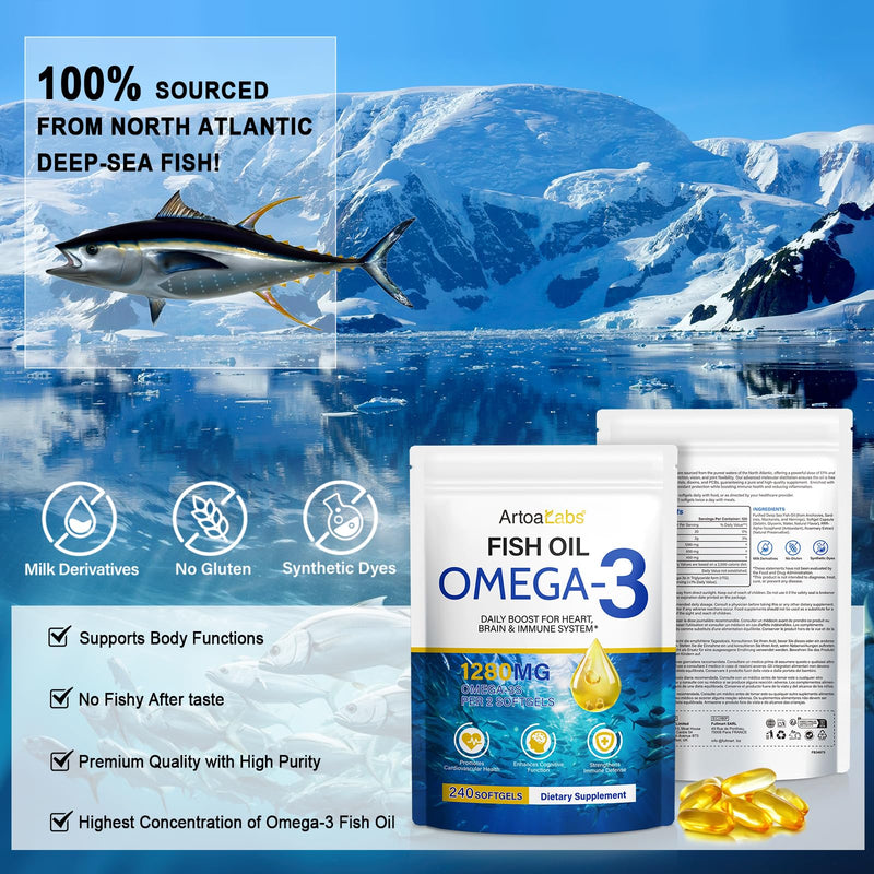 Omega 3 Fish Oil 1280mg Capsules,240 Softgel(4 Months Supply),High Strength Pure Omega 3 Fish Oil,Supports Heart,Brain Function and Eye Health,No Gluten