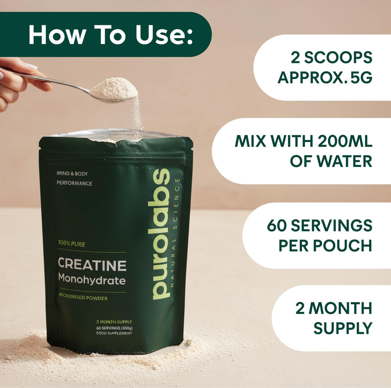 Purolabs Creatine Monohydrate Powder 300g | Unflavoured 100% Pure Micronised Creatine | Supports Muscle Growth, Recovery & Strength Performance | 60 Servings