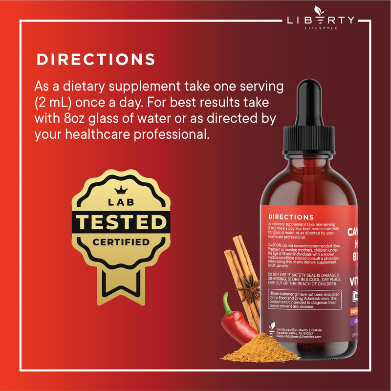 [Australia] - Cayenne Pepper Supplement Liquid Drops + Hawthorn Berry, Vitamin D3 K2 Beet Root Powder, Ceylon Cinnamon, Turmeric Curcumin, Organic Panax Ginseng - 4oz 2 Fl Oz (Pack of 2) 