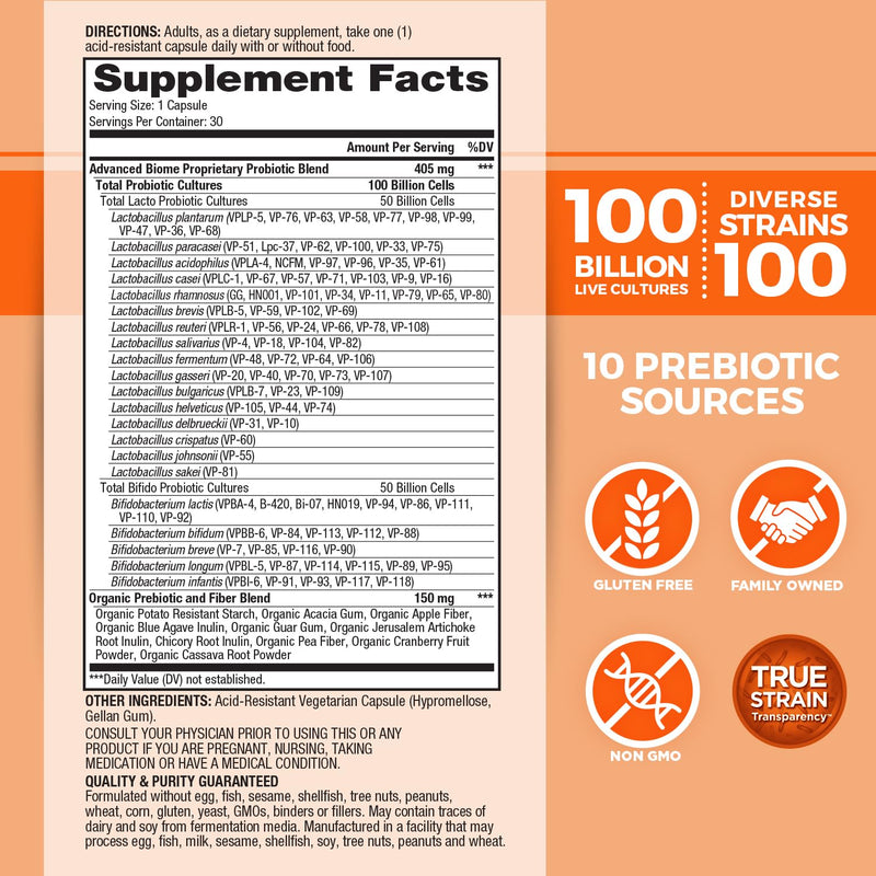 Vital Planet - Vital Flora Advanced Biome Probiotic 100 Billion CFU, 100 Diverse Strains, 10 Organic Prebiotics, Immune Support, Colon and Digestive Health Probiotics for Women and Men 30 Capsules