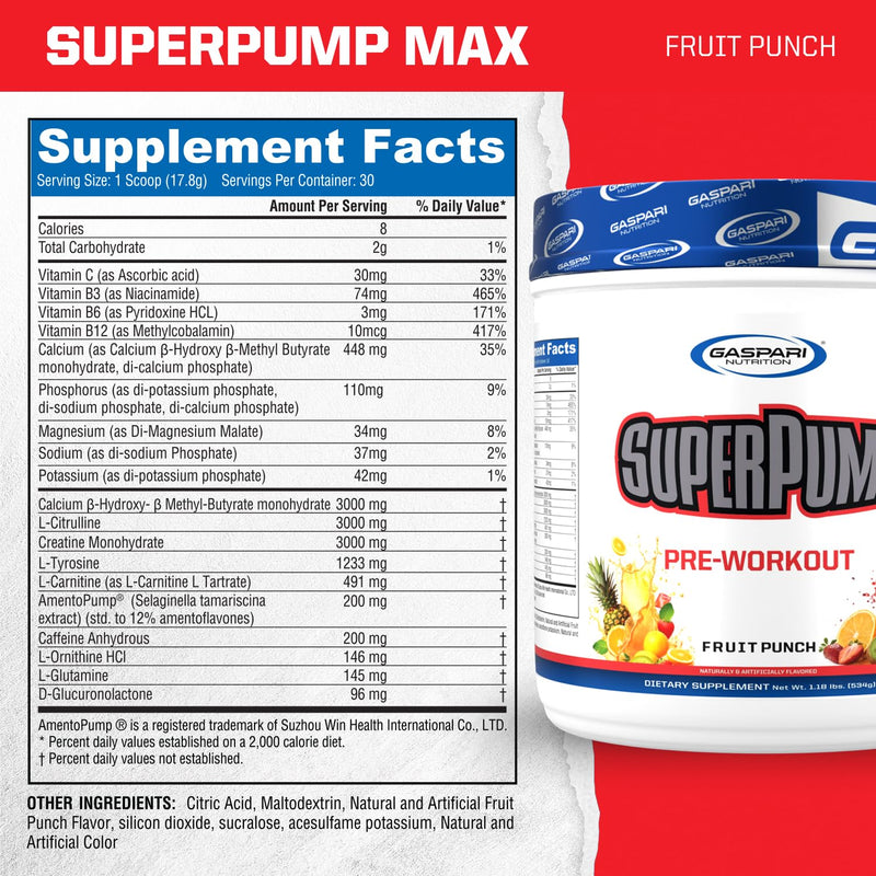 Gaspari Nutrition SuperPump MAX, The Ultimate Pre Workout Powder, Sustained Energy Preworkout, Nitric Oxide Booster, Muscle Growth, Recovery & Replenishes Electrolytes (30 Servings, Fruit Punch)