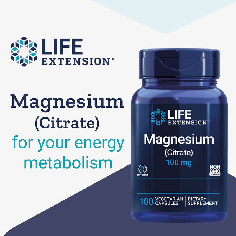 Life Extension, Magnesium Citrate, 100mg, 100 Vegan Capsules, Laboratory-Tested, Gluten-Free, Vegetarian, SOYA-Free, Non-GMO 100 count (Pack of 1)