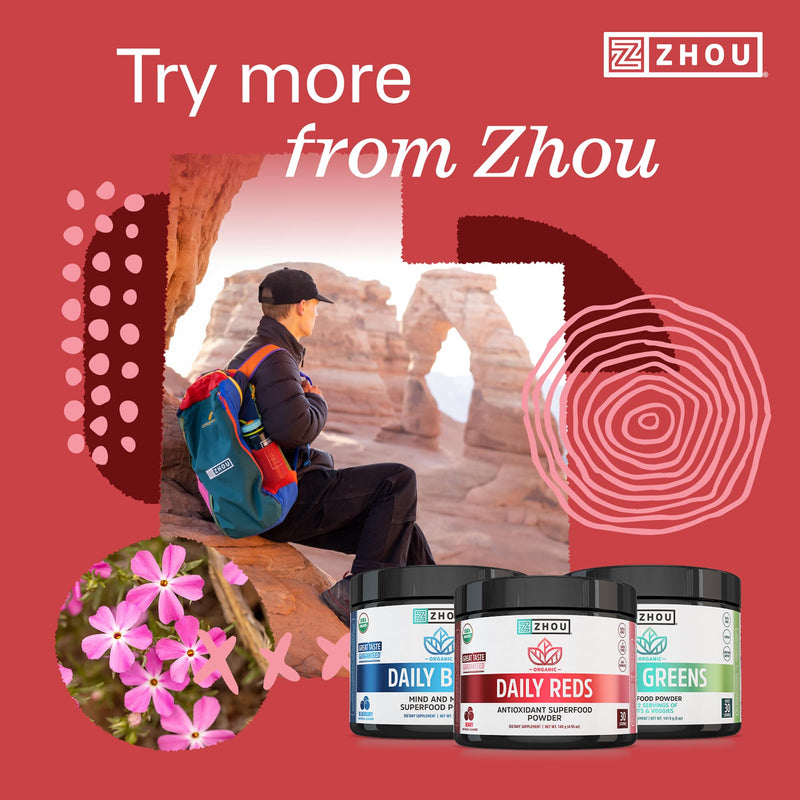 Zhou Organic Reds Powder - Natural Berry Flavor, 4.95 oz (30 Servings) | Red Powder Superfood with Beetroot, Super Fruits, Goji Berry, & Tart Cherry, Antioxidant Support for Whole-Body Health