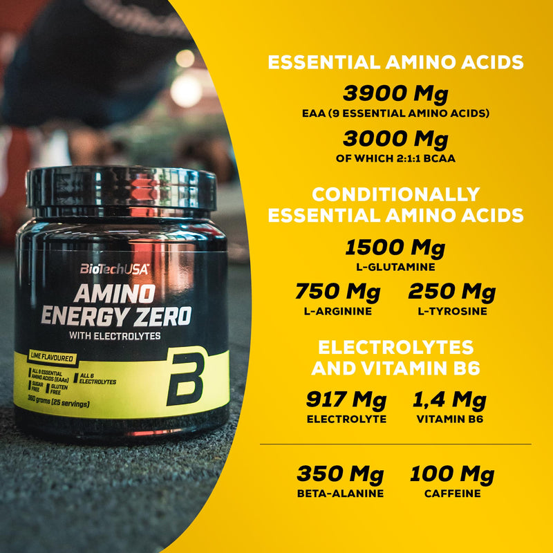 BioTechUSA Amino Energy Zero with Electrolytes | Pre-Workout | 9 Essential Amino Acids | Caffeine | Sugar-Free, Gluten-Free, 360 g, Lime