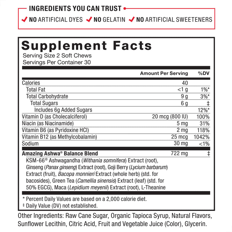 [Australia] - Force Factor Amazing Ashwa for Stress Relief, Memory, Focus, and Immune Support Health, Ashwaganda Supplement with KSM-66 Ashwagandha for Stress, 60 Soft Chews 60 Count (Pack of 1) 
