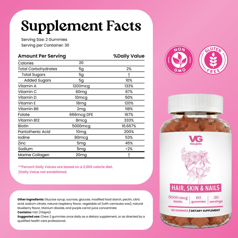 VITA GLOBE Hair Skin & Nails Gummies with Collagen 20mg + Biotin, Vegan | Hair, Skin & Nails Support, Vitamins A C D E B6, Non-GMO, Chewable Daily Vitamins, 60 Gummies 60 Count (Pack of 1)
