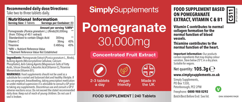 Pomegranate Extract 30,000mg | Supports Immune & Collagen Formation | Vitamin C & B1 for Antioxidant and Immune Support | Vegan & Vegetarian Friendly | 240 Tablets = 80 Days’ Supply | Made in The UK Unflavoured 1 count (Pack of 240)