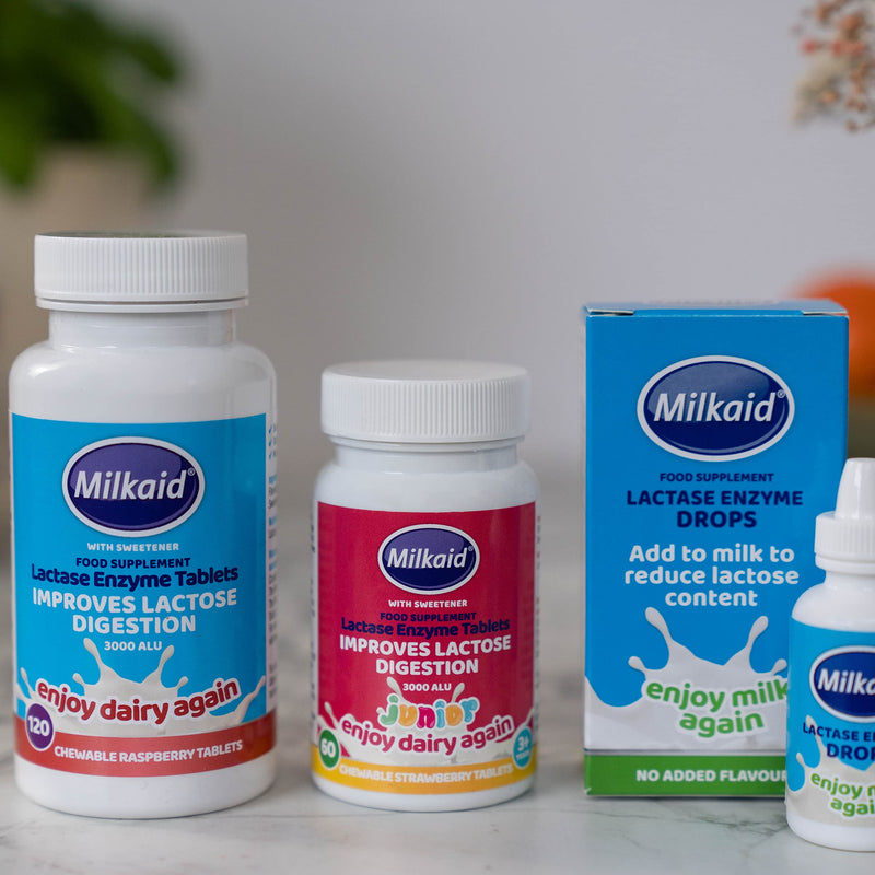 [Australia] - Milkaid Lactase Enzyme Drops Tablets for Lactose Intolerance Relief | Prevents Gas, Bloating & Diarrhea | Dairy Digestive Supplement | 0.5 Fl Oz & 120 Raspberry Flavored Tablets 