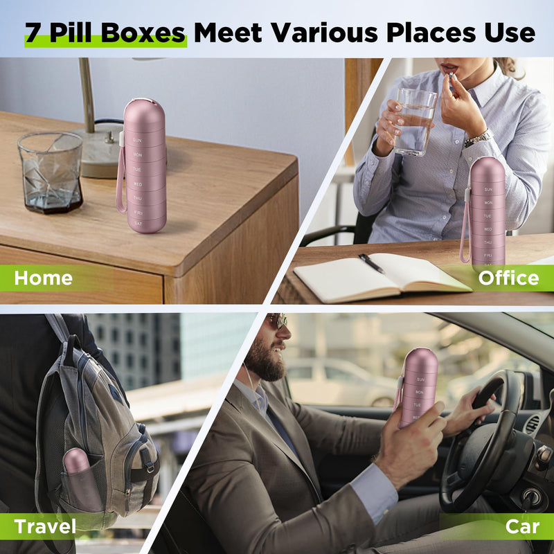 Zannaki Metal Moisture Proof Weekly Pill Organizer, Stackable Aluminum Alloy BPA Free Travel Hiking 7 Day Pill Box Case Waterproof and Large Compartment to Hold Pills, Vitamins, Fish Oil, Supplements Pink