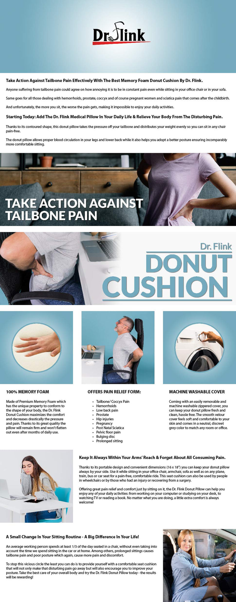 [Australia] - Donut Pillow Hemorrhoid Seat Cushion - Orthopedic Memory Foam – Contoured Luxury Comfort, Pain Relief and Supports Prostate, Pregnancy, Post Natal Sciatica Coccyx, Surgery & Tailbone Pressure Dr Flink 