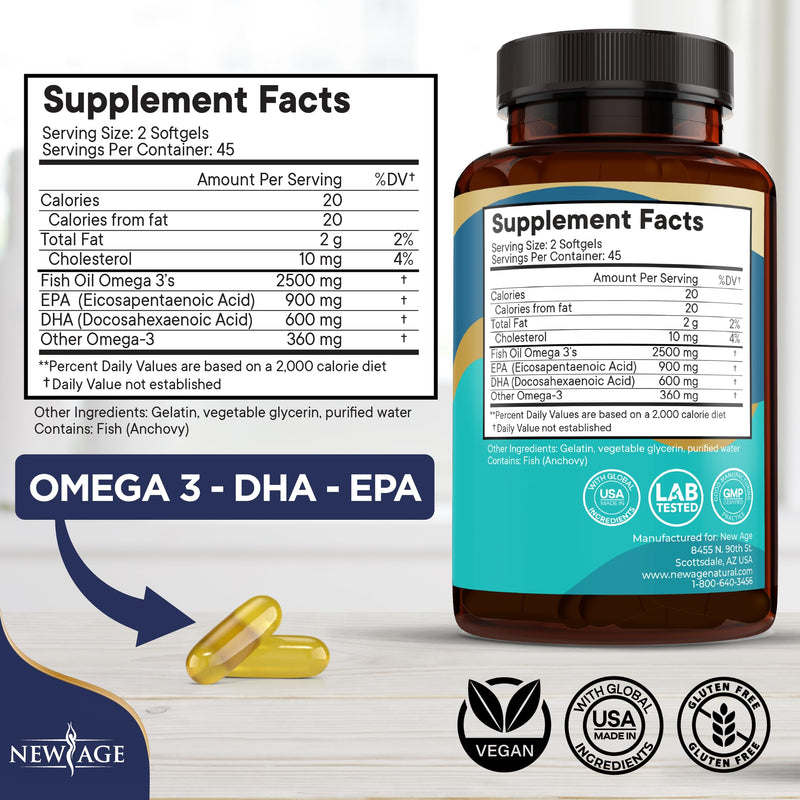 NEW AGE Omega 3 Fish Oil Supplement Immune & Health Support – Promotes Joint, Eye & Skin Health - Non GMO - EPA, DHA Fatty Acids Gluten Free (90 Softgels (Pack of 1)) 90 Softgels (Pack of 1)