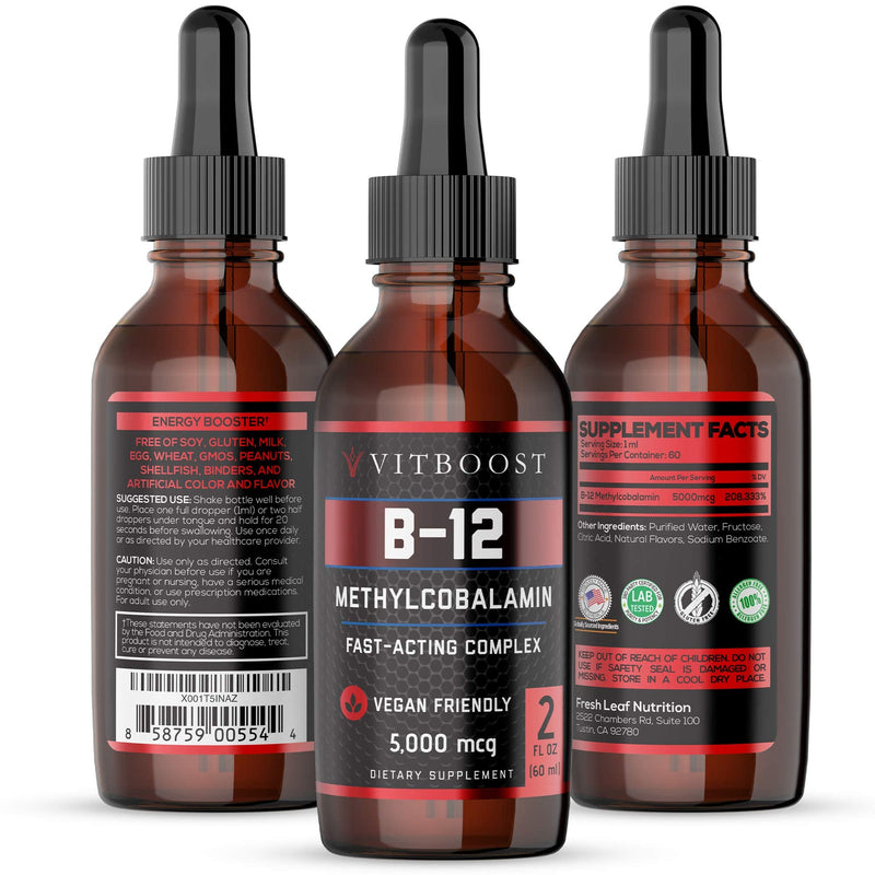 VITBOOST Vegan Liquid B12 Drops 60 x 5000mcg Extra Strength Raspberry Flavored VIT B12 Liquid Methylcobalamin sublingual Supplement & Extra Strength 10,000mcg Biotin Liquid Drops Organic Berry Flavor