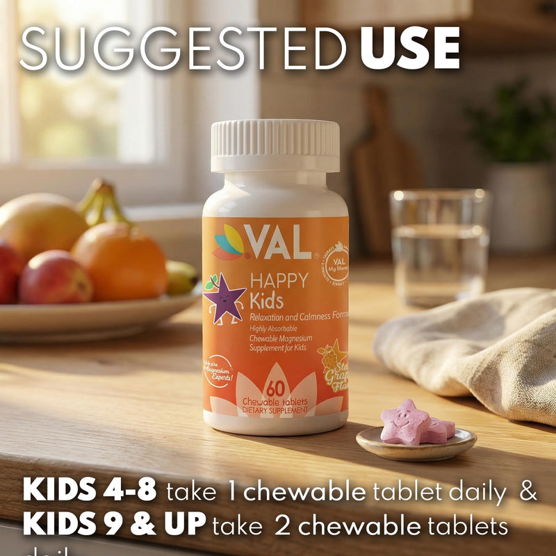 VAL Magnesium for Kids | High-Absorption Magnesium for Calm, Relaxation & Focus | Mg Glycinate, Citrate & Taurate | with Vitamin B6, D & C | Sugar-Free, Non-GMO | 60 Chewable Tablets Grape 60 Count (Pack of 1)