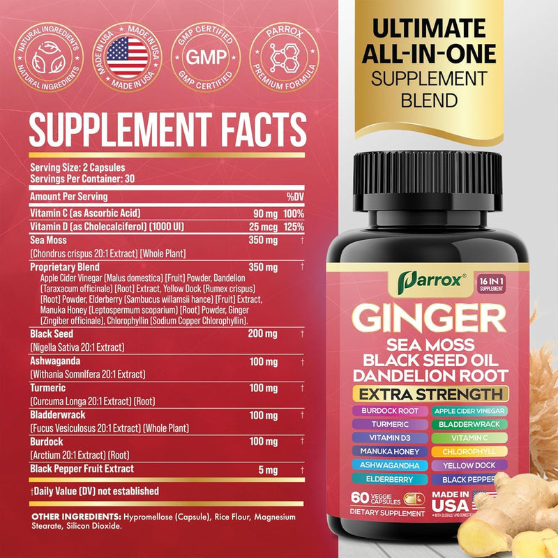Ginger Sea Moss Herbal Supplement, 16-in-1 Black Seed Oil & ACV, 2 Pack | Black Seed Oil, Ashwagandha, Turmeric, Bladderwrack, Burdock, Vitamins C & D3, Elderberry, Manuka, ACV 60 Count (Pack of 2)