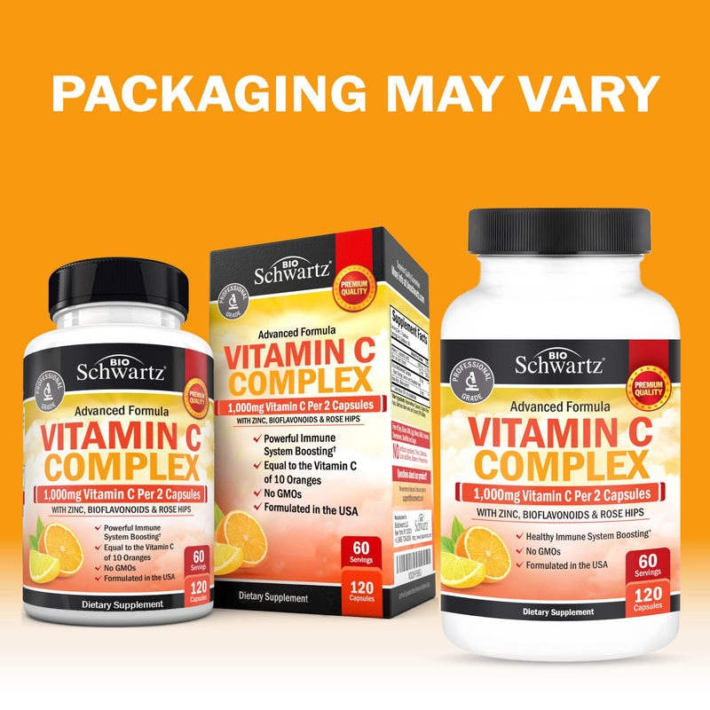 BioSchwartz Vitamin C Complex Supplement - Vitamin C 1000mg Capsules | with Rose Hips Zinc & Citrus Bioflavonoids for Immune Health, Cellular Energy, Collagen Production, 120 Count, 60 Servings