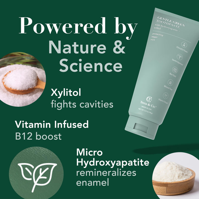 [Australia] - Terra & Co. Toothpaste Combo - Brilliant Black & Gentle Green Formulas for Sensitive Teeth - US-Made - Natural, Vegan, Remineralizing Micro-Hydroxyapatite - Fluoride-Free & SLS-Free - Mint, 3.4 Oz 