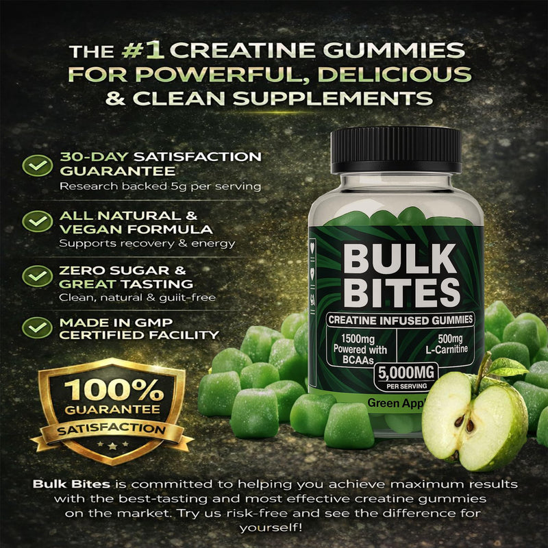 Bulk Bites 7000mg Creatine Gummies – High Strength Creatine Monohydrate Complex with BCAA & L-Carnitine | Sugar-Free Vegan Pre Workout Gummies, Muscle Growth, Energy & Recovery – 90 Gummies Green Apple