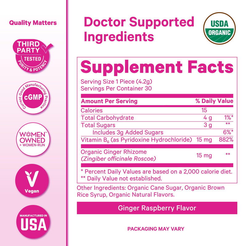 Pink Stork Organic Ginger Raspberry Sweets with Vitamin B6, 30 Candies | Morning Sickness & Motion Sickness, Added Ginger & Vitamin B6, 1st Trimester Pregnancy Must Haves, Wrapped Candies Raspberry Ginger
