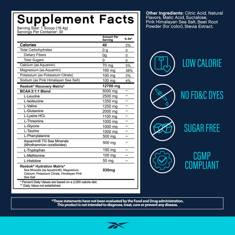 [Australia] - Reebok REECover Amino Acids + Electrolytes | 8g EAAs, 5g BCAAs, Hydration Matrix | Muscle Recovery, Strength | Post-Workout Support | 30 Servings | Strawberry Lemonade 