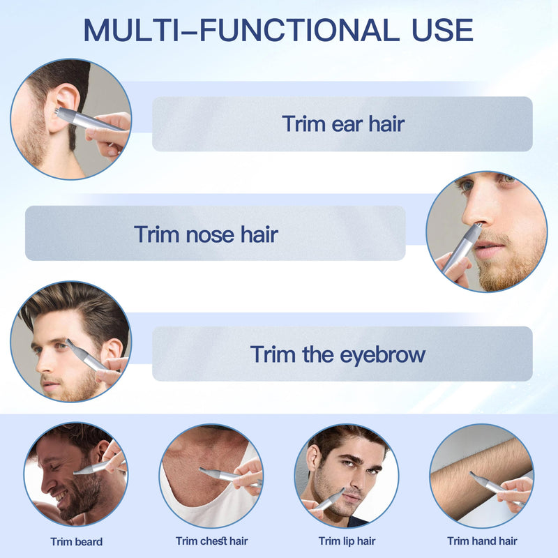 [Australia] - Nose Hair Trimmer for Men & Women, 2in1 Rechargeable Ear and Nose Hair Trimmer, Waterproof Electric Eyebrow Trimmer & Facial Hair Remover Grooming Kit Silver 