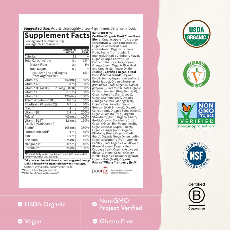Garden of Life Organics Women's Gummy Vitamins - Berry - Certified Organic, Non-GMO, Vegan, Kosher Complete Multi - Methyl B12, C & D3 - Gluten, Soy & Dairy Free, 120 Real Fruit Gummies Organic Berry 120 Count (Pack of 1)