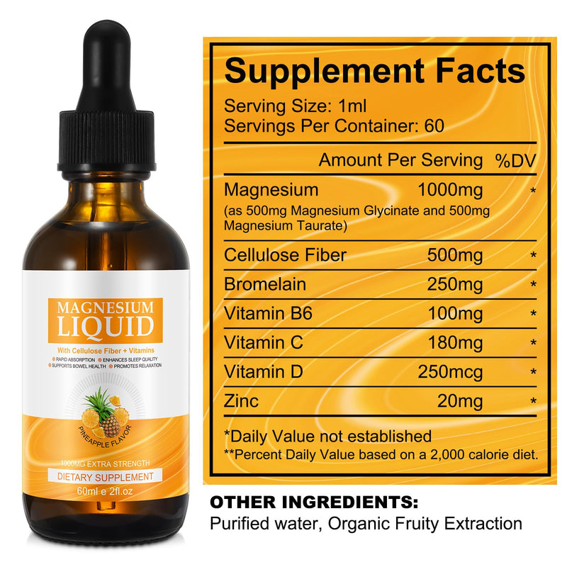 Magnesium Glycinate Liquid Drops Liquid Magnesium Complex with Glycinate,Taurate,Cellulose Fiber,Bromelain,Vitamin B6,C,D and Zinc Pineapple 120ml