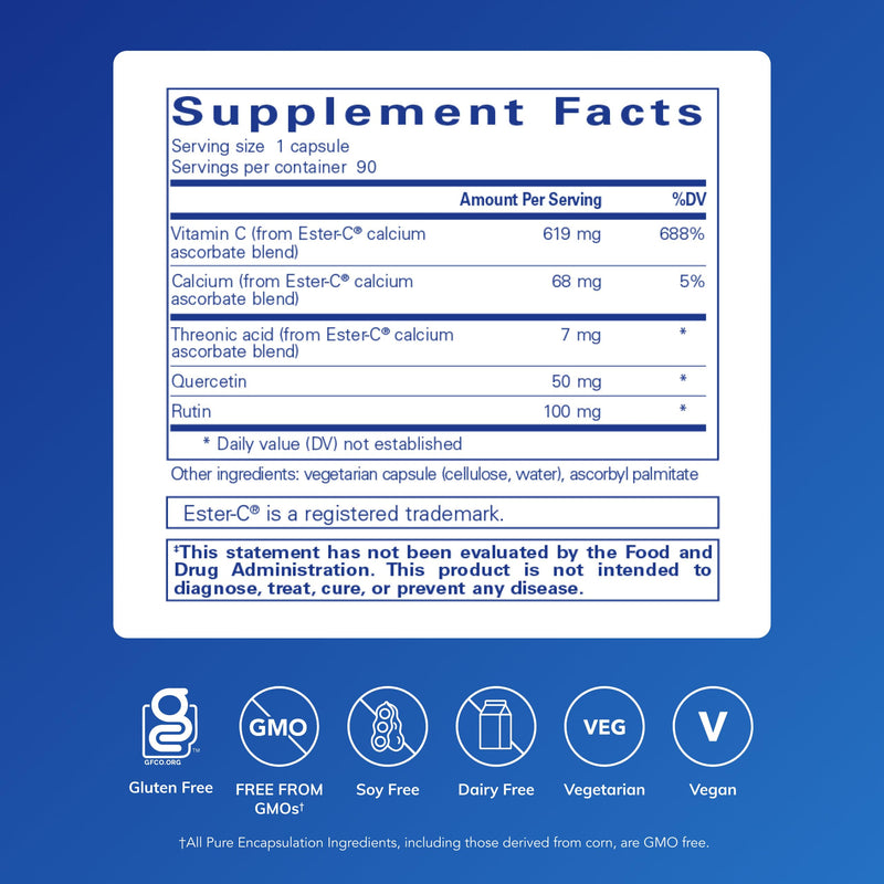 Pure Encapsulations Ester-C & Flavonoids, 90 Capsules | Vitamin C Supplement for Antioxidants - Immune and Vascular Support* with Calcium and Rutin, Easy-to-Absorb Form of Vitamin C 90 Count (Pack of 1)