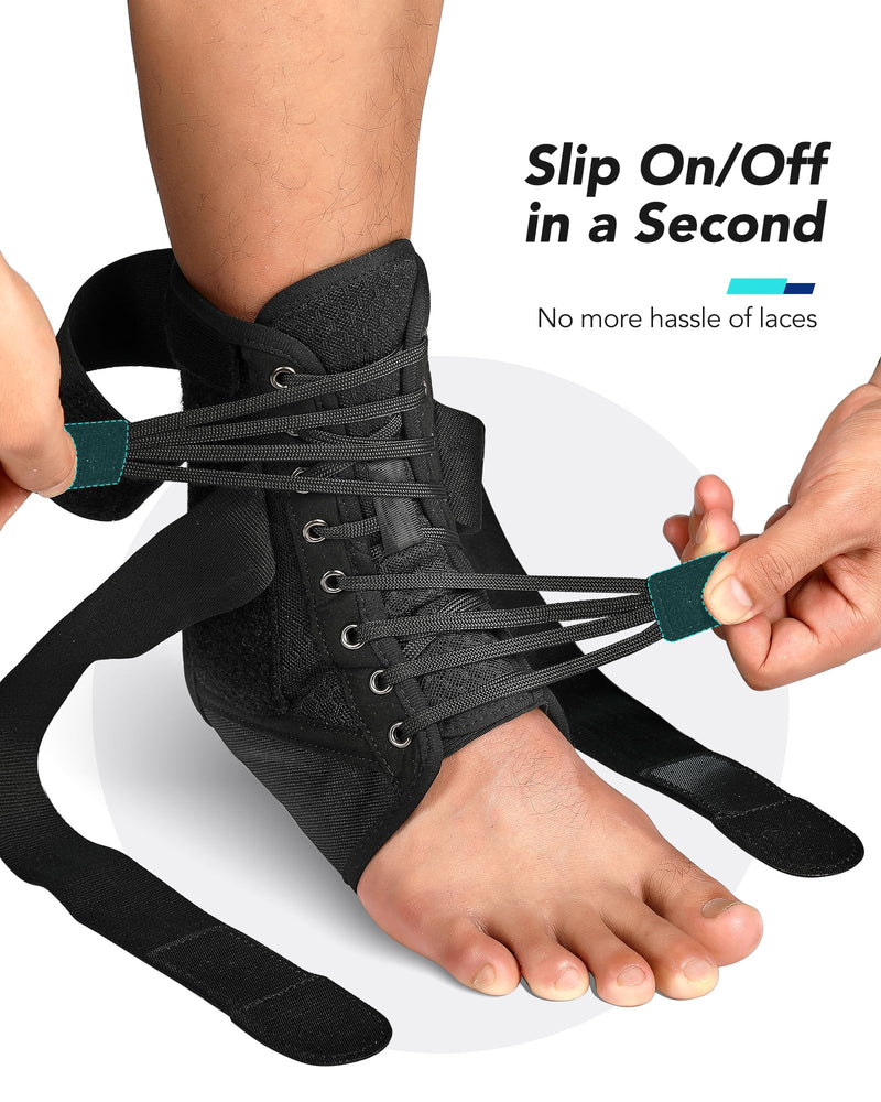 Quick Lace Up Ankle Brace for Women Men, Removable Side Splints, Adjustable Ankle Support for Sprained Ankle Injury Recovery, Stabilizer for Basketball Volleyball Tennis, X-Large, 1 Unit Black Stripes